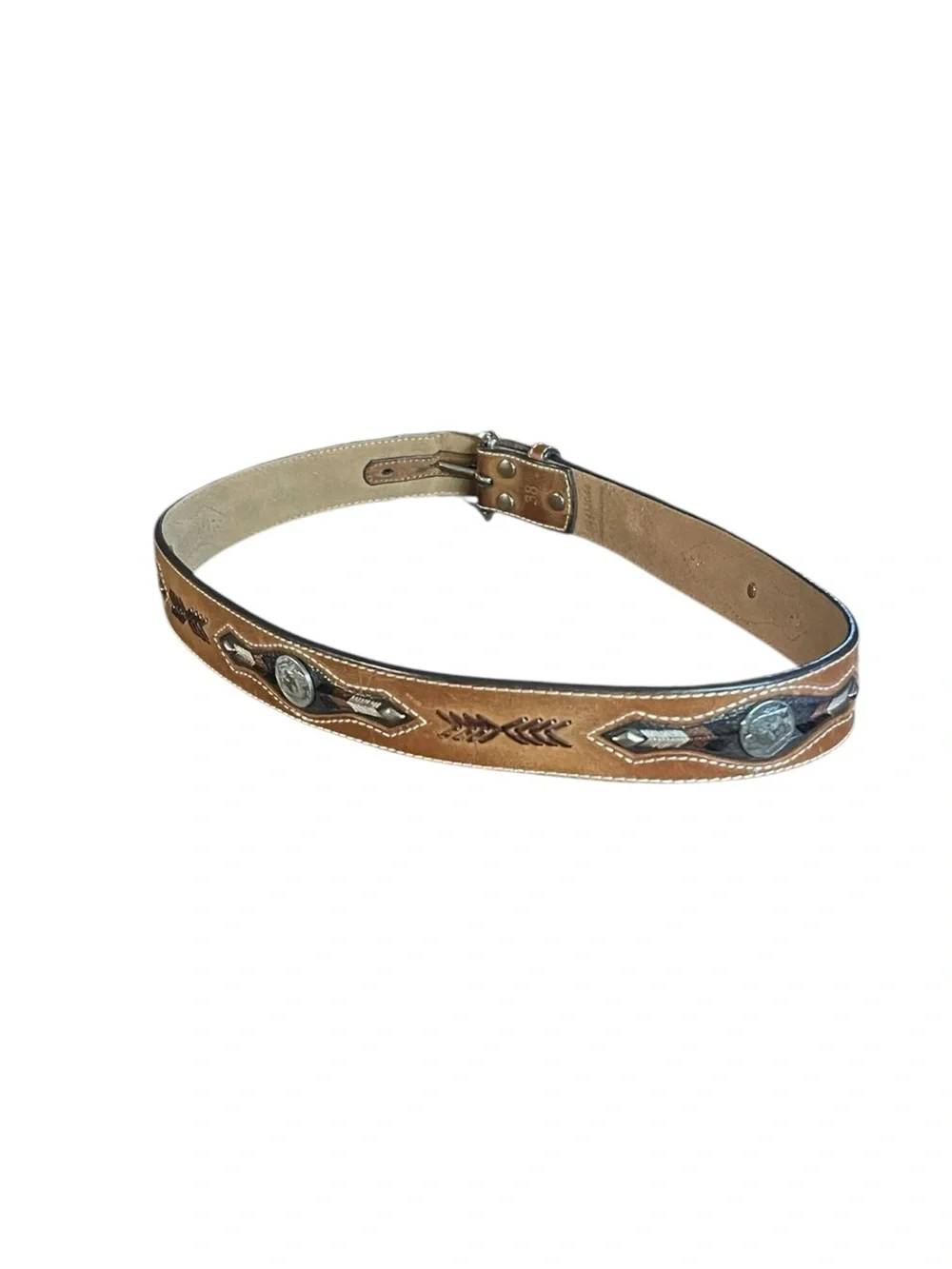 NOCOMA southwest inlay silver Concho Leather Belt. Size 38.